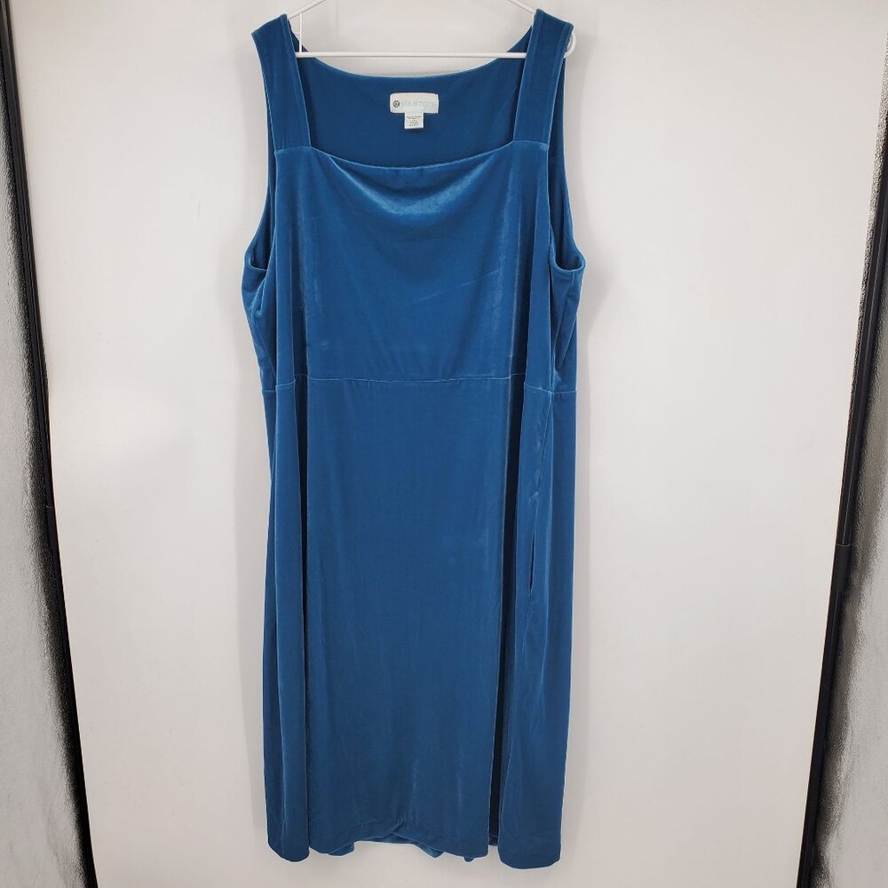 Ella Simone Plus Square Neck Blue Velvet Velour Square Neck Long Midi Dress 2X